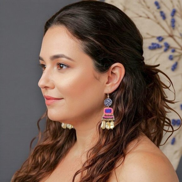 π Indian Artisan Handmade Beaded Trendy Statement Earrings Boho Festival Vibes - Picture 9 of 14